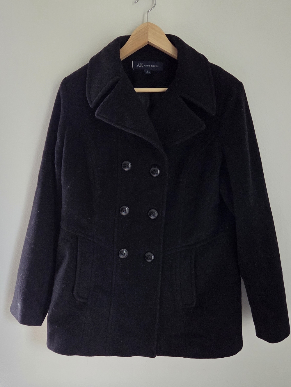 Anne Klein Black Double-Breasted Wool Blend Peacoat Sz Large Womens Jacket